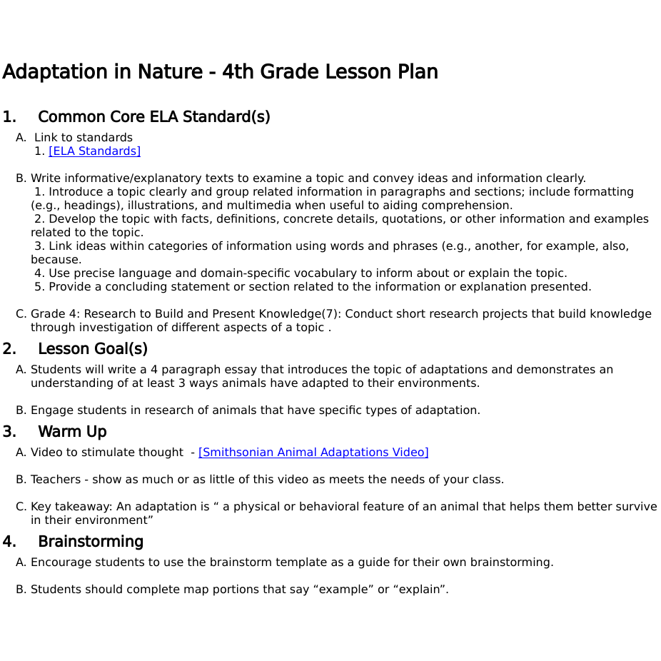 Adaptations in Nature Lesson Plan Text View
